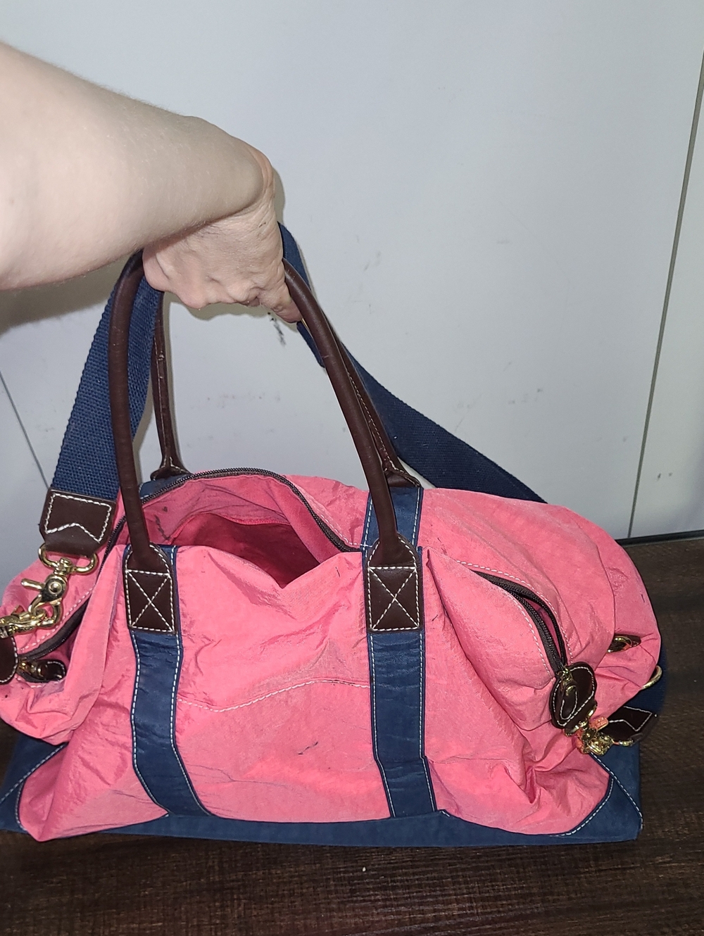 J Mclaughlin Pink Canvas Weekend Bag with Navy Trim